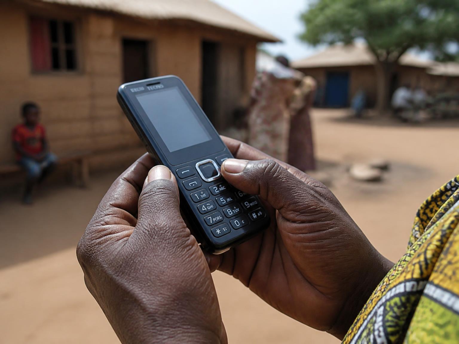 A pair of hands holding a basic keypad mobile phone in a village compound