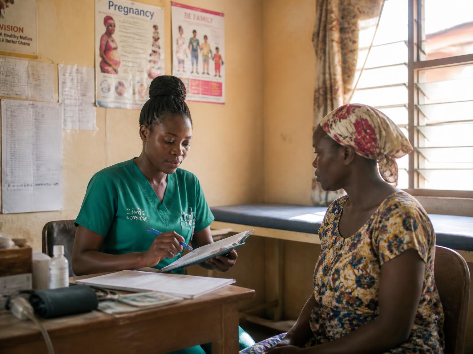 A nurse in green scrubs reviewing notes with a patient inside a small clinic consulting room