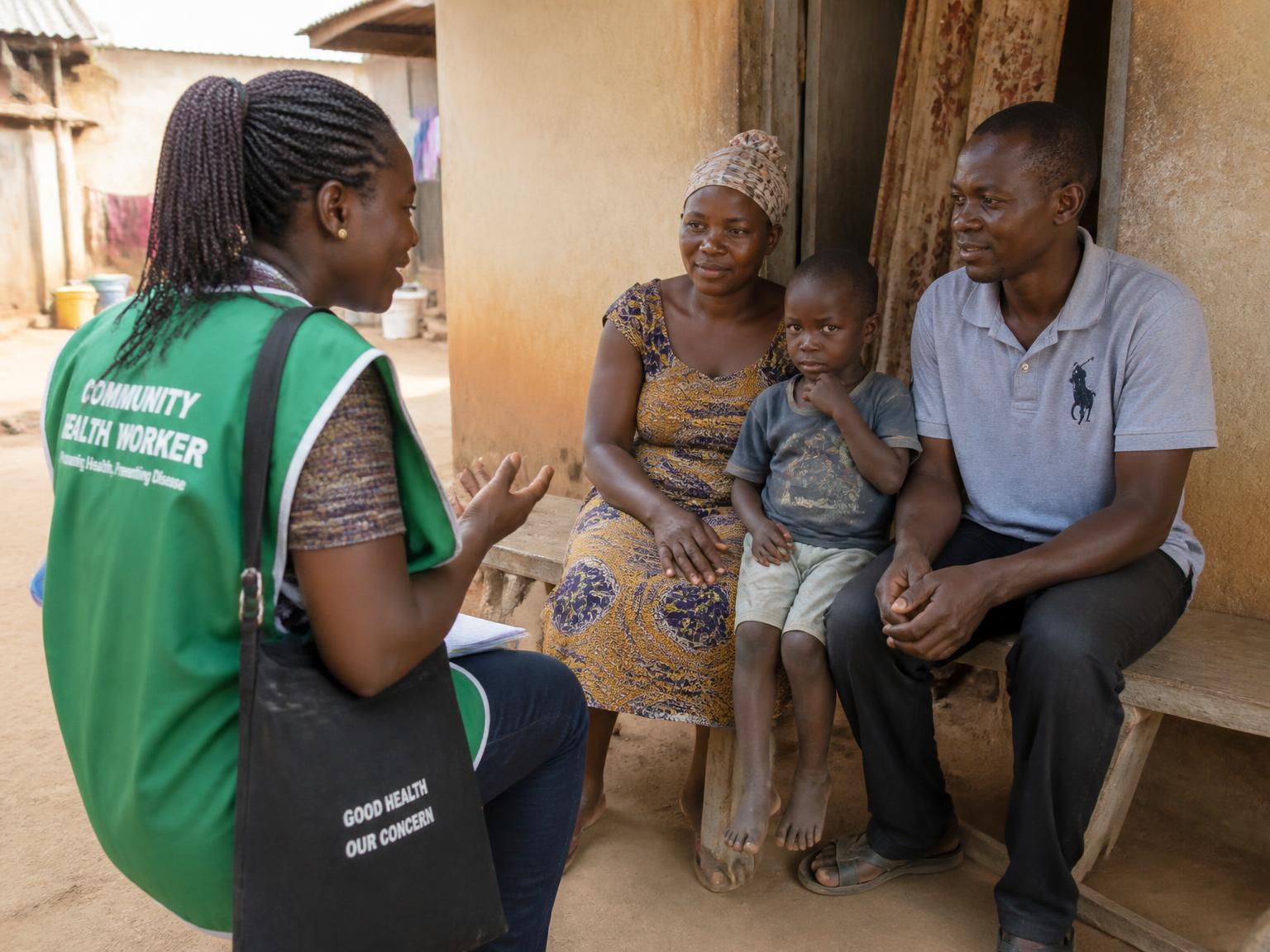 A community health worker in a green tabard talking with a family outside their home