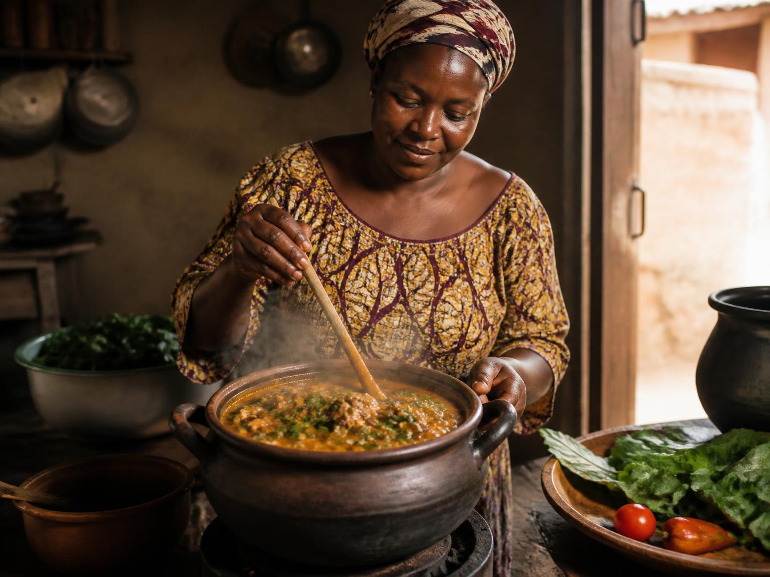 A Ghanaian woman stirring a steaming pot of green stew in a home kitchen