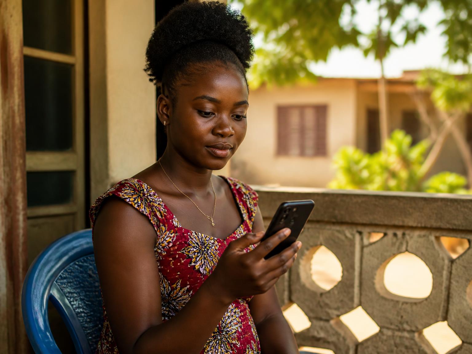 A young woman reading health information on her phone on a shaded veranda