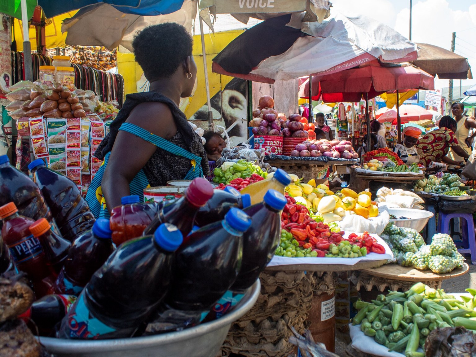 Fresh locally grown vegetables displayed at Takoradi Market Circle in Ghana