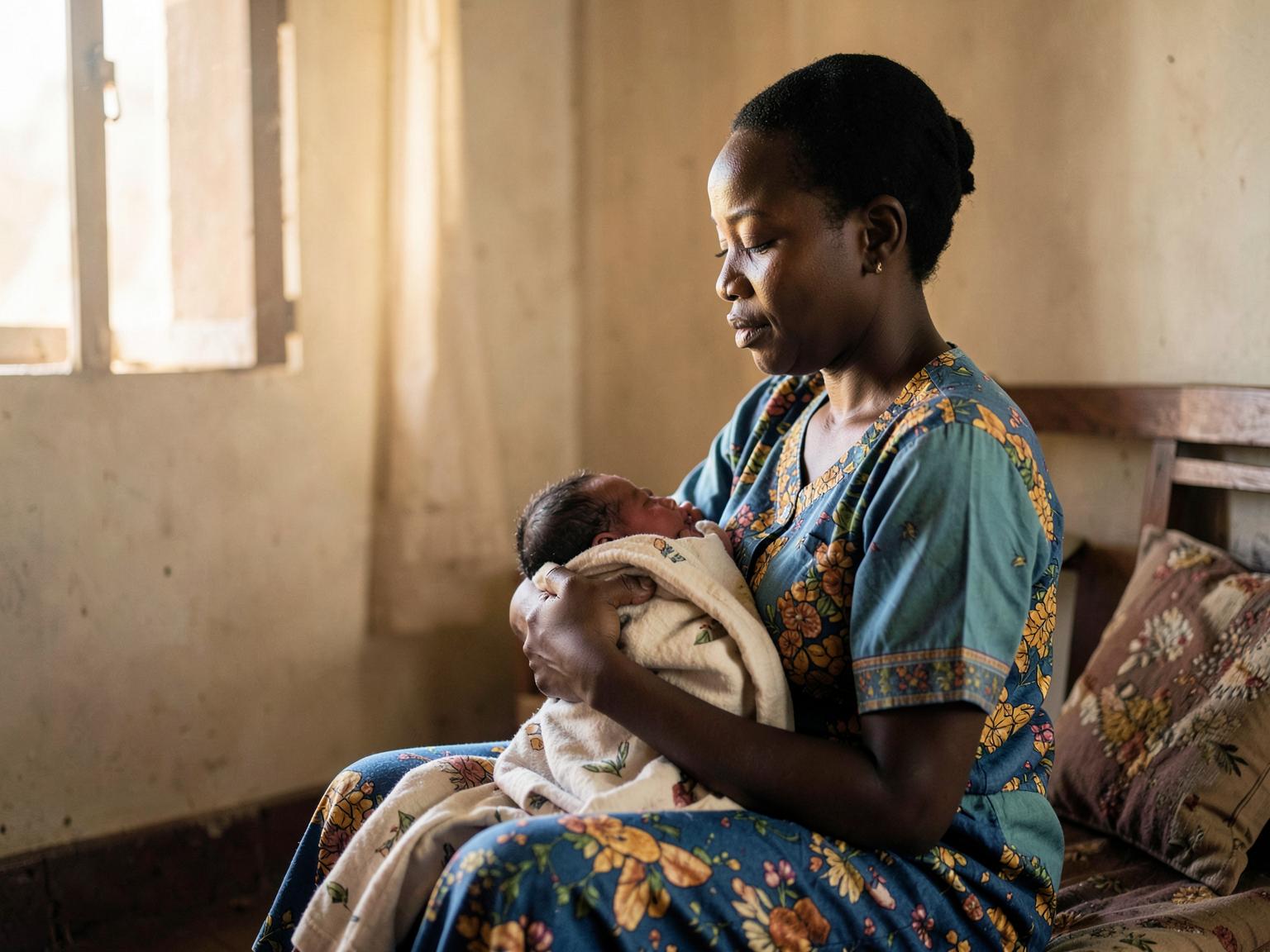 A mother sitting in soft window light cradling her newborn wrapped in a cloth