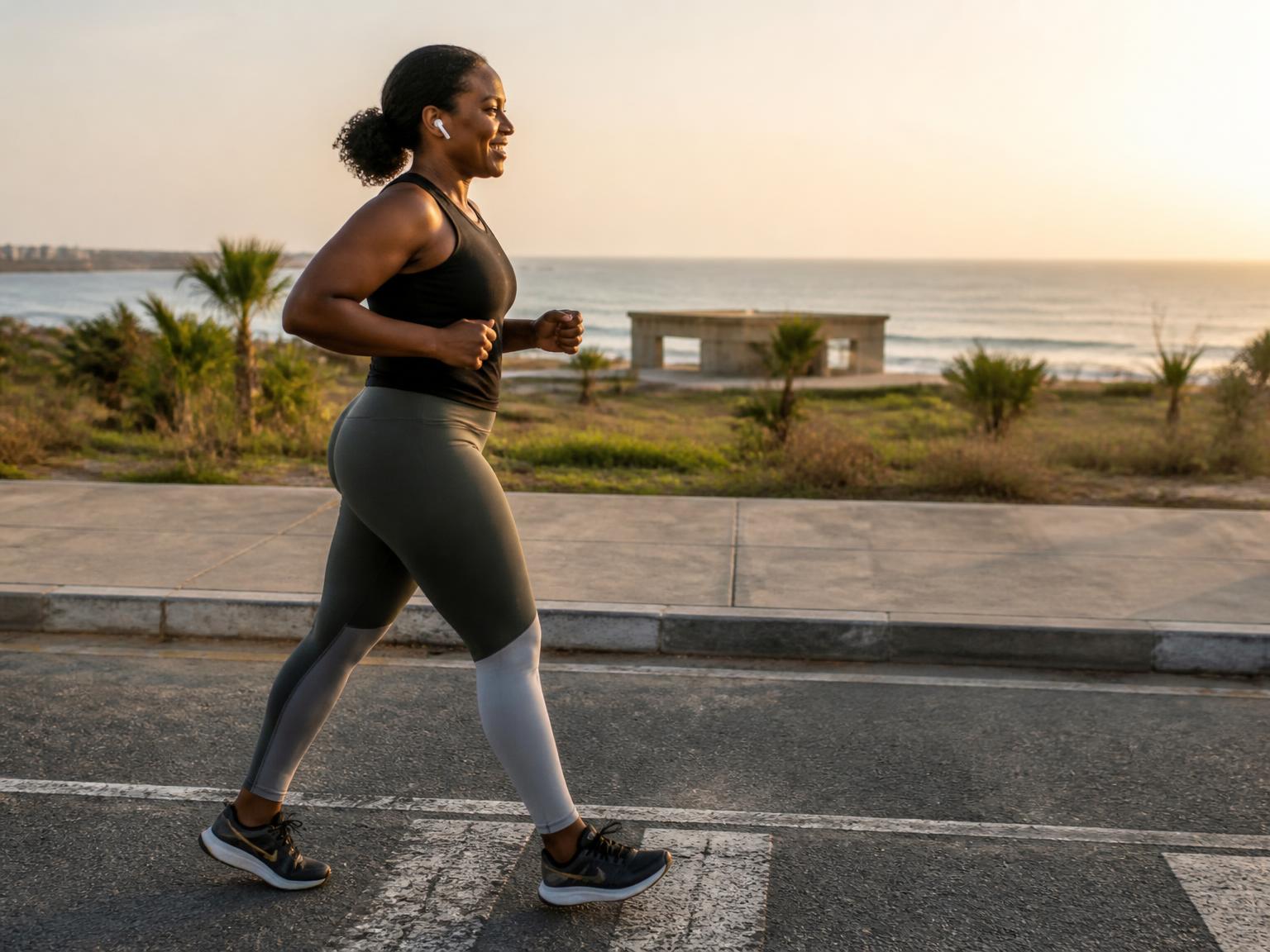 A Ghanaian woman power-walking along a coastal road at sunrise