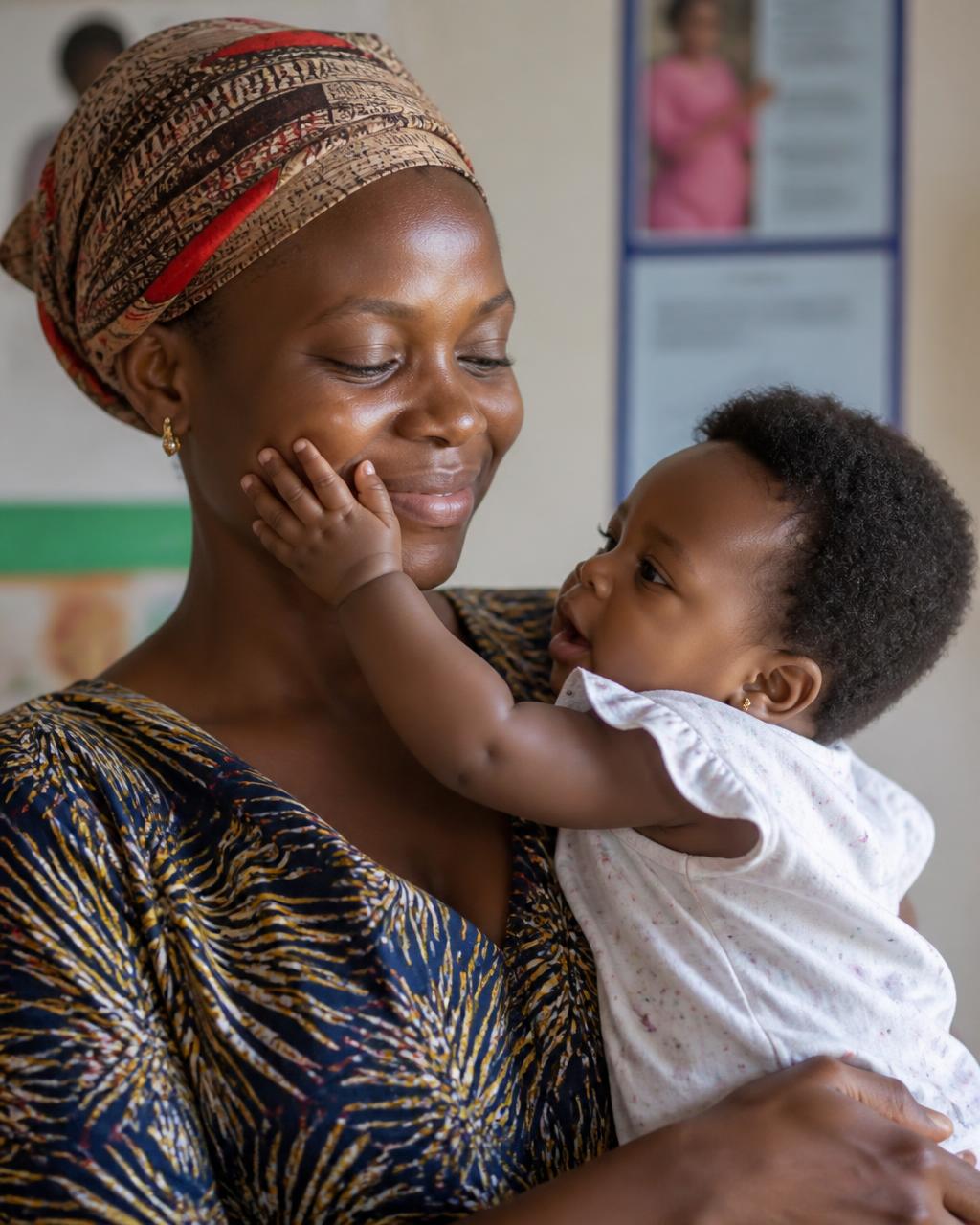 A Ghanaian mother holding her baby, who is reaching up to touch her cheek