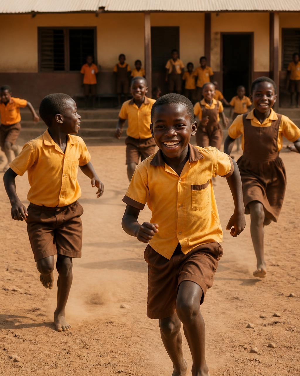 Ghanaian schoolchildren running and playing in a sunny schoolyard
