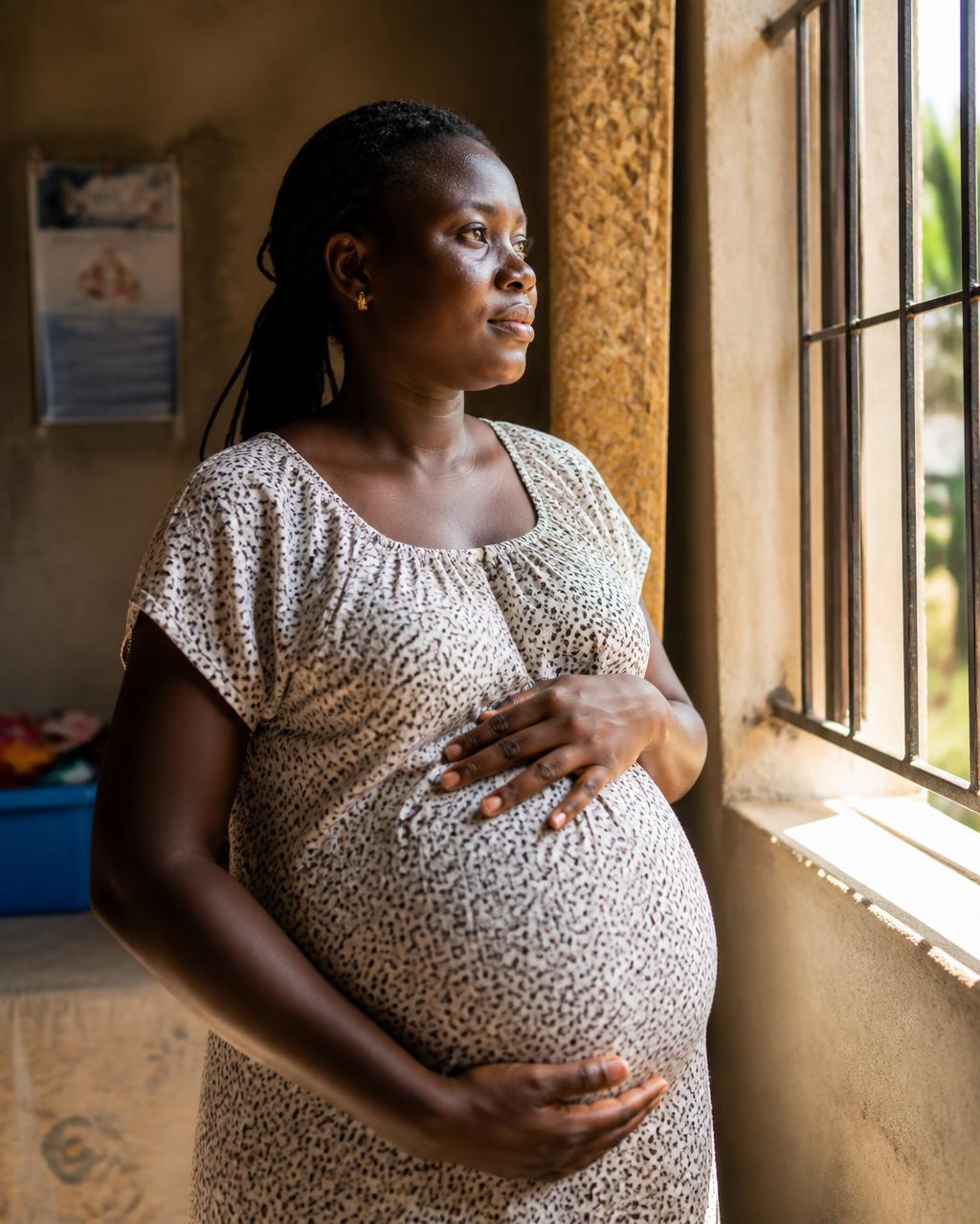 A pregnant Ghanaian woman standing by a sunlit window with her hand resting on her belly